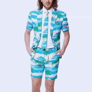 OppoSuits Slim Fit 2 Piece Novelty Suit Set NO TIE Mens 38 Flamingo‎ Palm Tree